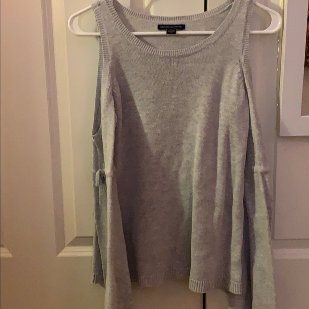 Grey open shoulder bell sleeve sweater